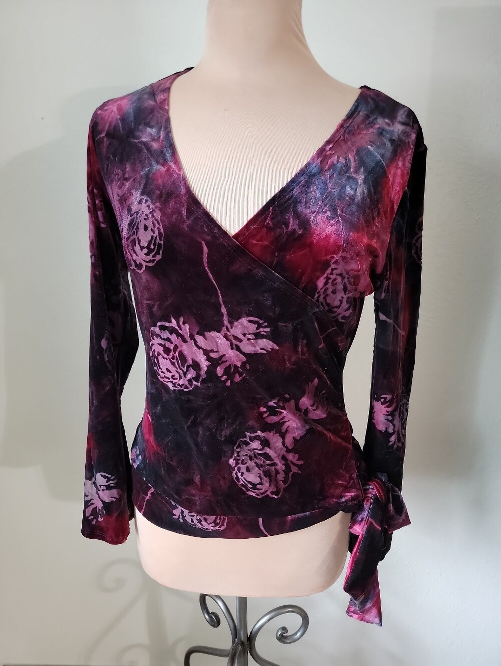 Vintage Burnt Velvet Floral Faux Wrap Top Plum Purple Dark Romantic